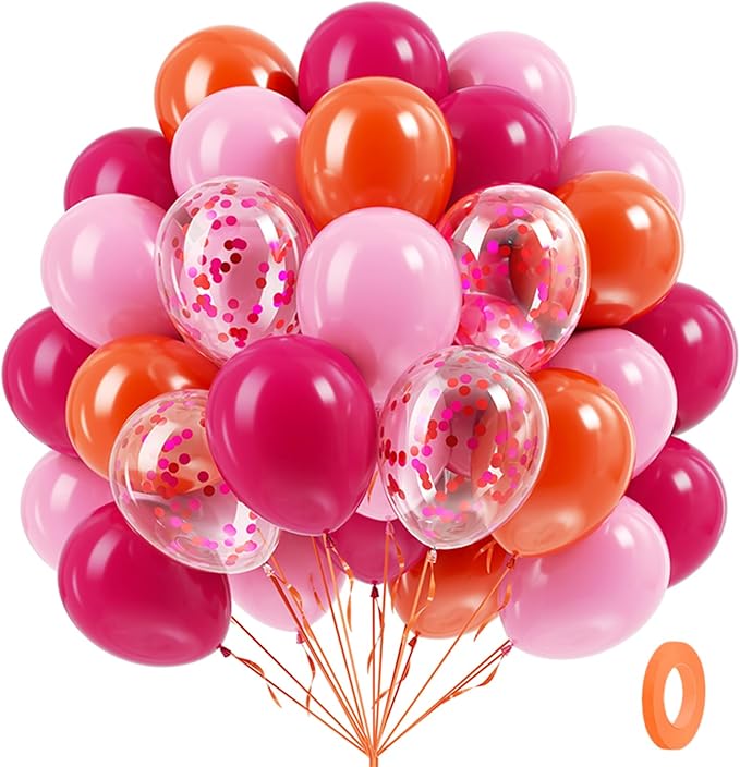 Pink and Orange Balloons, 60pcs 12 Inch Pink and Orange Party Decorations with Confetti Balloons for Bachelorette Tropical Luau Party Engagement Birthday Party Decorations