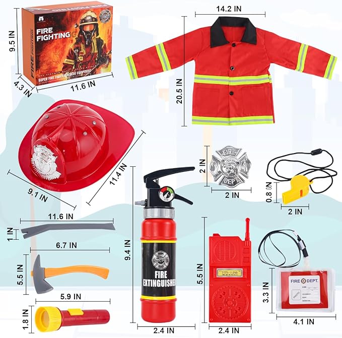Fireman Costume for Kids, 10 Pcs Firefighter Costume with Toy Accessories Set, Fireman Role Play Outfit Toys, Kids Firefighter Dress Up Clothes, Halloween for Boys Toddlers Ages 3 4 5 6 7