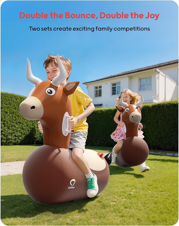 QPAU 2 Pack Large Inflatable Bull Hopper Bouncy Toy, 250lbs High Capacity Ride-on Animal for Kids & Adults, Soft Fabric Cover & Pump, Durable Puncture-Resistant Bouncer for Family Party Gift