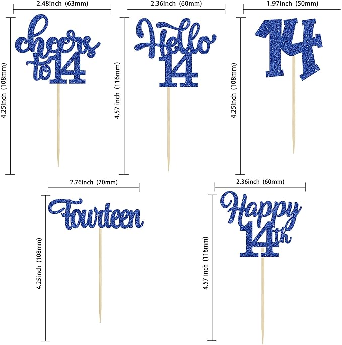 30Pcs 14th Birthday Cupcake Toppers Hello 14 Cupcake Picks Fourteen Cheers to 14 Years Old Cake Decorations for 14th Birthday Anniversary Party Supplies Deep Blue Glitter