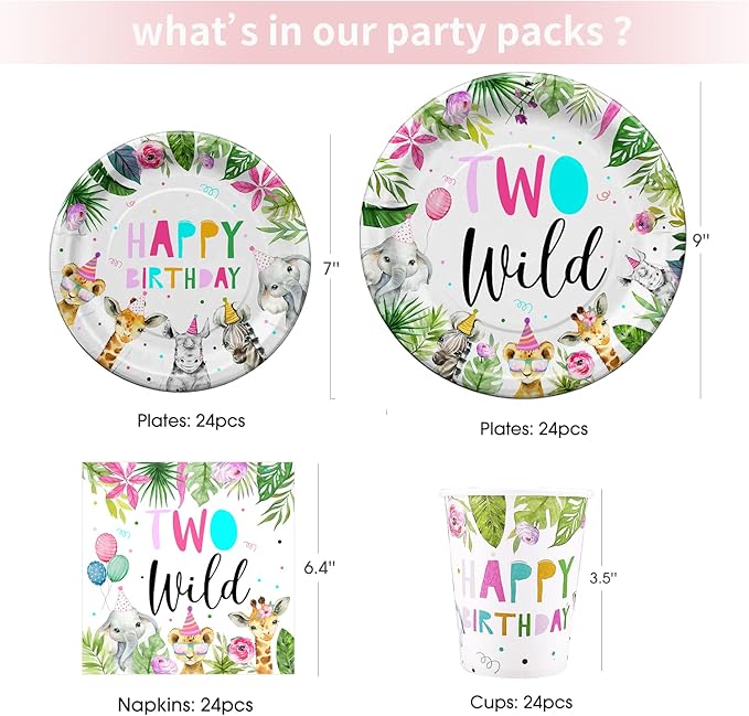 Two Wild Birthday Party Supplies Tableware Girl, Safari Jungle Theme 2nd Decorations Include Plate, Cup, Napkin, Tablecloth, Straws, Cutlery, Two Wild Dinnerware | Serve 24