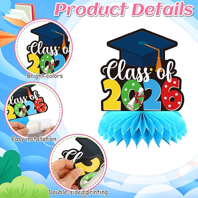 5TH Grade Graduation Party Decorations 2026, 10Pcs Elementary Graduation Honeycomb Centerpieces for Table Congrats Grad Table Topper Decor for Elementary Graduation Party Supplies