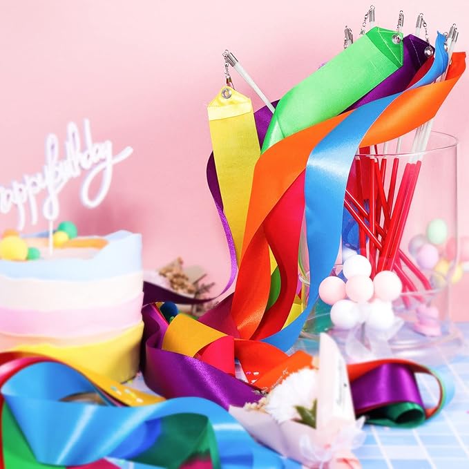 12PCS Rainbow Dance Wands Ribbon Streamers for Kids Gymnastics Rhythmic Dancing Twirling Sticks Silks Wands for Girls Circus Carnival Birthday Party Favors Rewards Gift