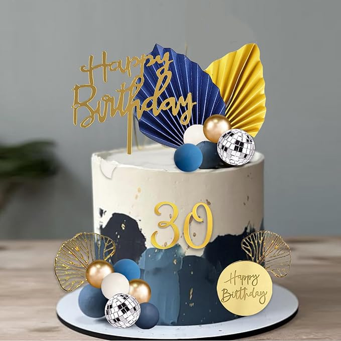 42Pcs Blue White Gold Balls Cake Topper Decorations with Disco Balls Palm Ginkgo Leaves Acrylic Numbers 0-9 and Happy Birthday Cake Decor for Boho Wedding Baby Shower Birthday Party Supplies