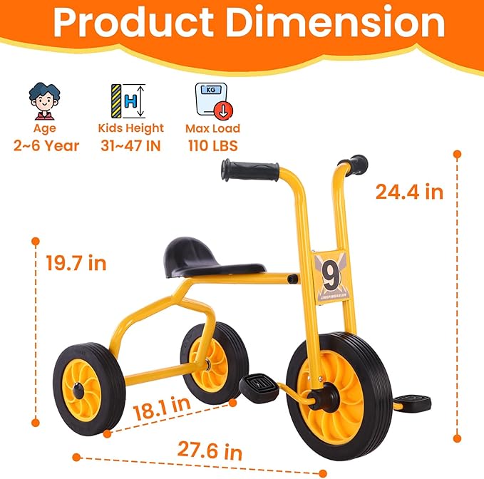 Kids Tricycle for Rider Age 2+, Big Wheel Trike with Rubber Wheels, Preschool Daycare Tricycle Bike, Birthday Toys Gift for Boys and Girls