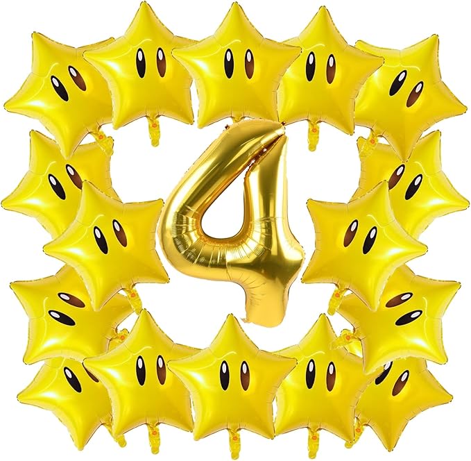 16PCS Foil Star Balloons, 40Inch Number 4 and Star Foil Balloons For Game Theme 4th Birthday Party Decorations Children Party Supply Party Decor (4th)
