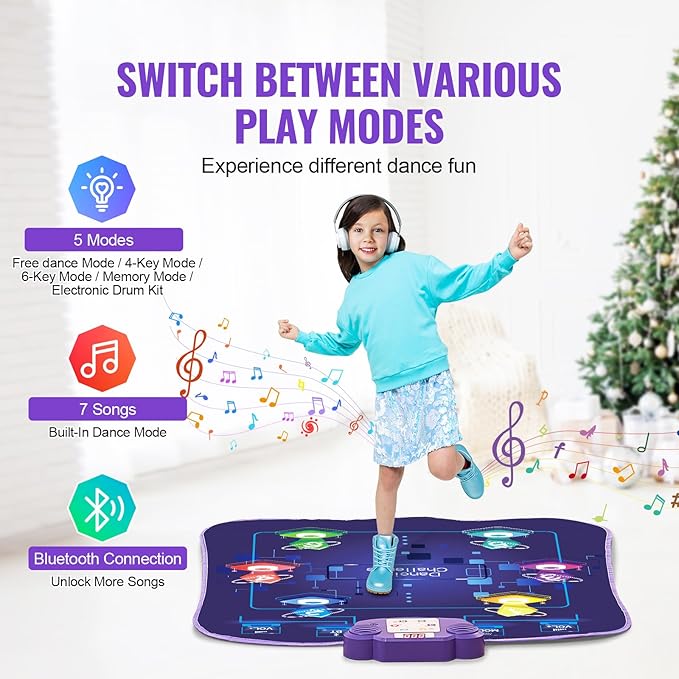 Happybuy Dance Mat, 6-Button Rhythm Step Play Mat, Electronic Pad with Wireless Bluetooth, LED Lights, 5 Game Modes, Adjustable Volume, Built-in Music, Toys Gifts for 3+ Year Old Girls
