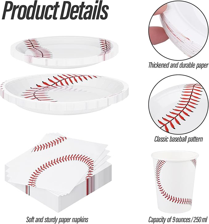 ADXCO 120 Pieces Baseball Party Supplies Tableware Set Disposable Paper Plates Napkins Cups 7 Inch 9 Inch Birthday Favors Decorations for Sport Themed Party Serves 24
