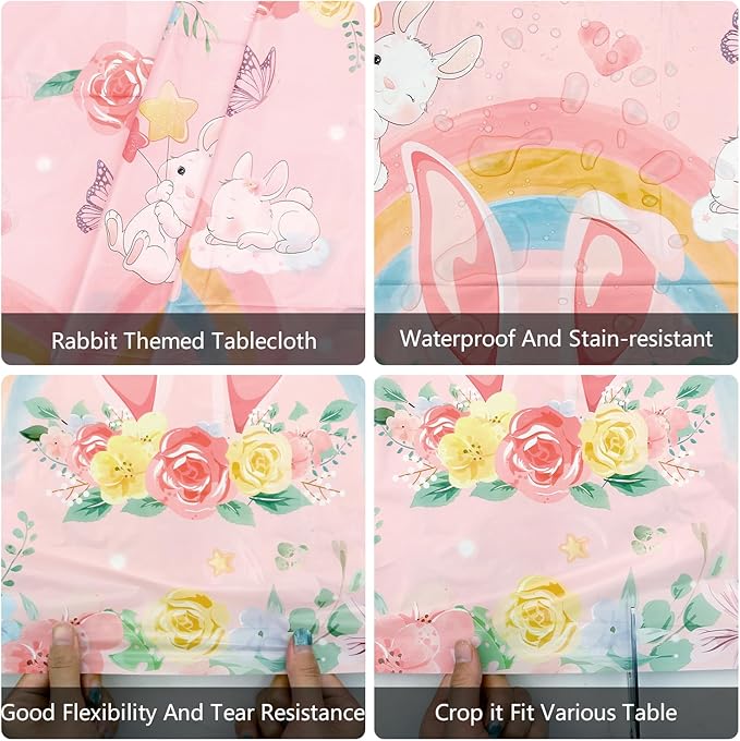 4 Pack Pink Bunny Party Tablecloth Supplies, Rabbit Rectangle Plastic Tablecloth for Rectangle Tables Gilrs Birthday Party Supplies Favors 51'' X 86''