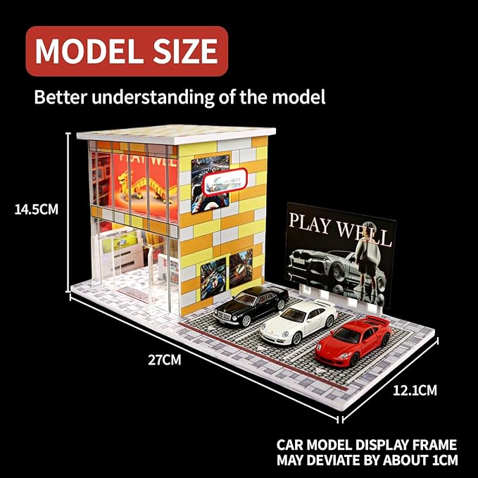 1/64 Model Car Display Shop Case for Adults, Premium in-House-Design Scale Diecast Parking Garage for Toy Cars, Toys Car Garage, Scenic Diorama Display Car Park with ith LED Lamps, Gifts for Men