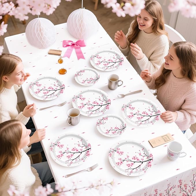 98Pcs Cherry Blossom Party Decorations Cherry Blossom Birthday Plates and Napkins Spring Pink Floral Tablecloth Tableware Set Decorations for Wedding Bridal Shower Retirement Party Supplies Serve 24