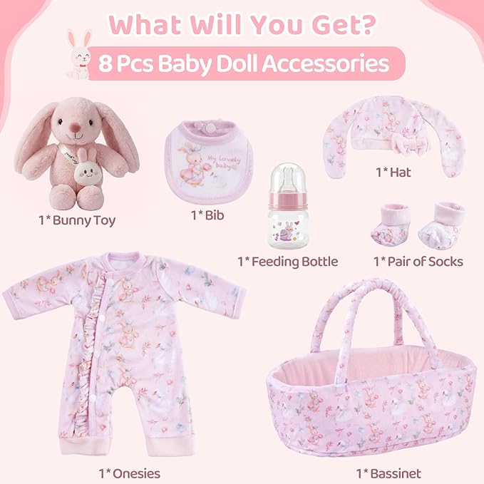BABESIDE 8 Pcs Baby Doll Clothes Set with Bassinet for 12-15 Inch Dolls, Cute Bunny Baby Doll Clothes and Accessories with Bunny Toy, Feeding Bottle – Babydoll Accessories for Gilrs