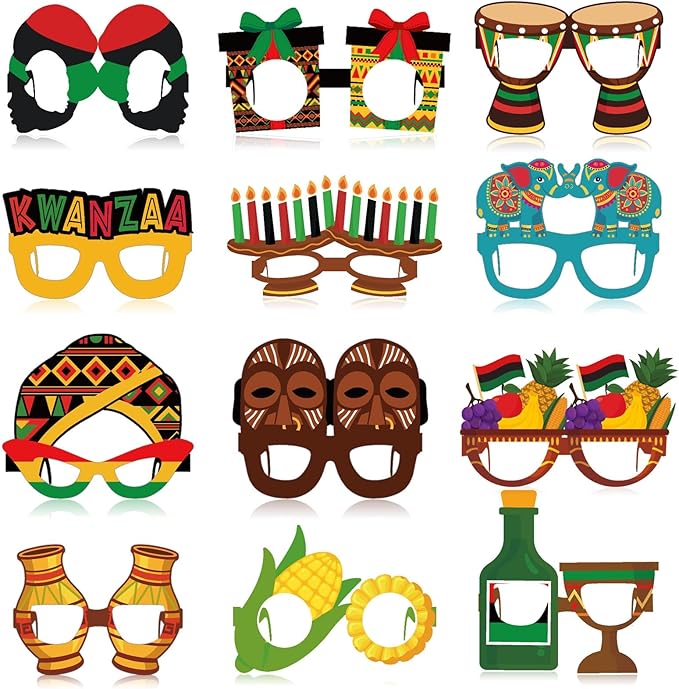 Pajean 36 Pcs Kwanzaa Party Favor Packs Decoration Kwanzaa Photo Props Paper Glasses Bulk African Theme Eyeglasses for Party Favors, Cultural Celebration Decorations, Red Black Green Event Accessories