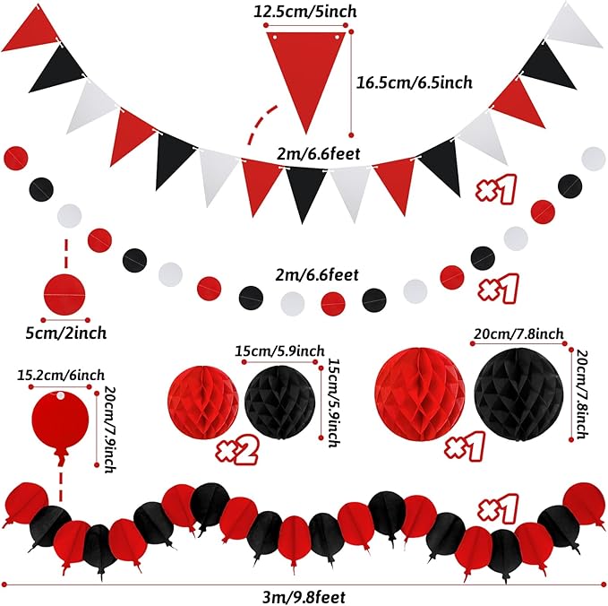 Black Red Party Decorations, Easy Assembly Paper Fan Honeycomb Ball Garland Hanging Swirl Graduation Party Supplies for Boy Girl Women Birthday Congrats Grad Party Decorations
