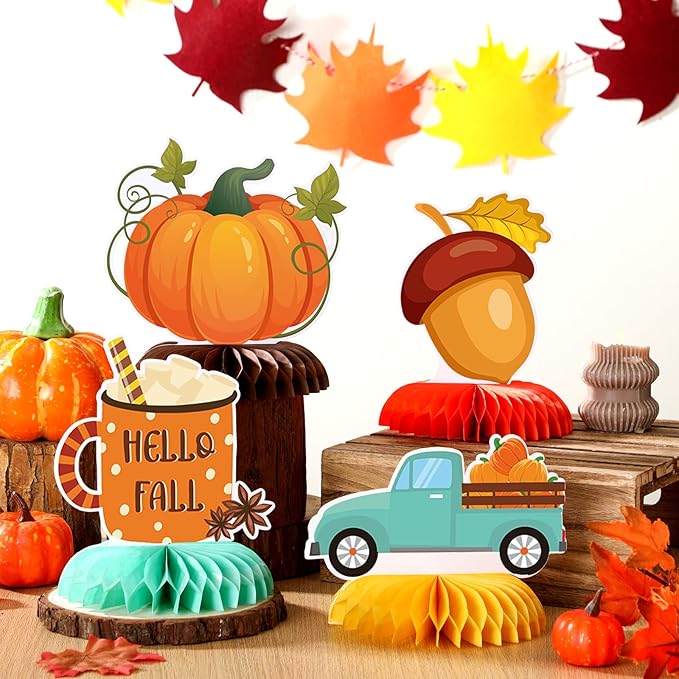12 Pcs Thanksgiving Party Decoration Thanksgiving Fall Honeycomb Centerpieces Pumpkin Maple Leave Autumn Table Decoration 3D Double Side Truck Sweater Home Table Topper for Office Party Favor Supplies