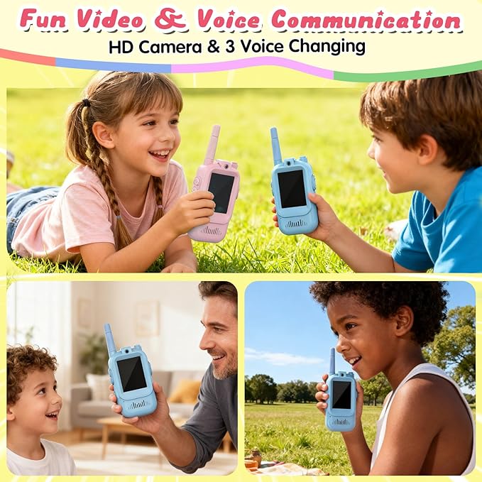 Video Walkie Talkies for Kids 2 PCS, Long Range Kids Walkie Talkies, Rechargeable Video Call Toys for Indoor Camping Hiking Travel, Christmas Birthday Boys Girls Age 3-5 (Blue/Pink)