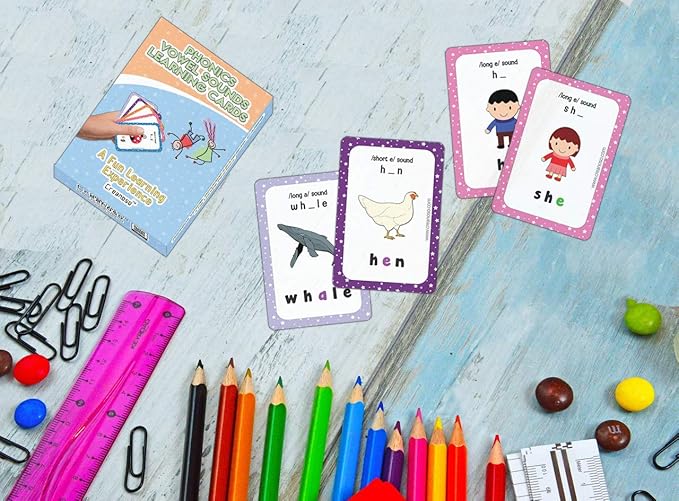 Creanoso Phonics Vowel Sounds Learning Cards for Boys Girls (2-Deck) – Learning Day Care Classroom Nursery Home Teaching Supplementary Educational Card Pack for Parent Teachers Boys Girls