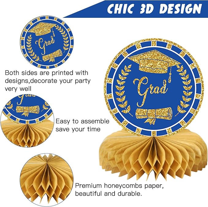 10PCS Graduation Party Decorations Class of 2026 Congrats Grad Table Centerpieces Congratulate Graduation Honeycomb Table Toppers for Graduation Party Supplies(Blue Gold)