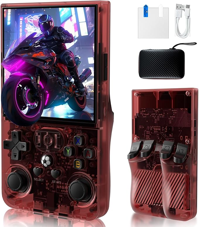 R36MAX Handheld Game Console, Built-in 4000mAh Battery, 4K HD 4" IPS Glass Screen, Supports 18000+ Classic Games, Linux-Based Retro Gaming Console (Red)