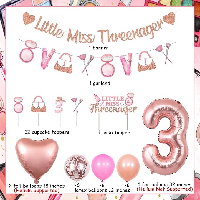 3rd Birthday Decorations for Girls Little Miss Threenager Birthday Decor Banner Makeup Theme Party Garland Cake Toppers Heart Balloon Spa Makeup Theme Party Rose Gold for 3 Year Old Girl