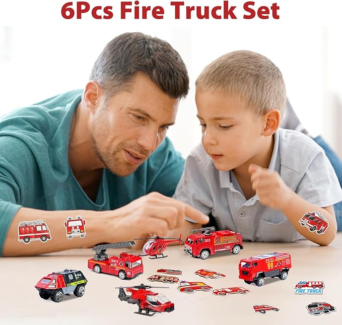Fire Truck Toy for Boys, 6 Pcs Diecast Car Fire Truck, Helicopter,Ladder Truck, Fire Rescue Vehicle, Car Playsets Birthday Gift for Boys Kids Age 4 5 6 7 8 9 10 11 12