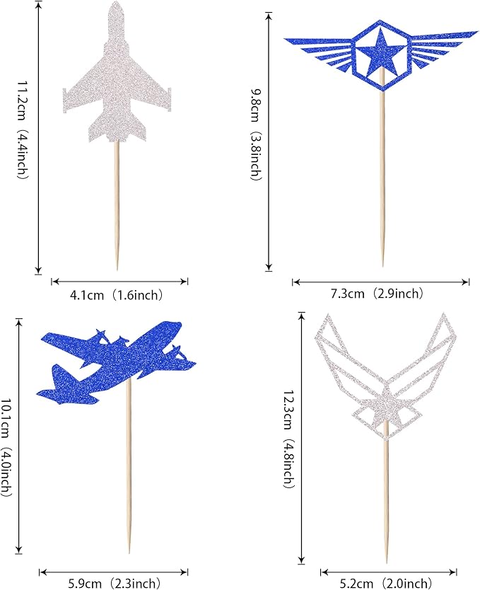 24 Pack Air Force Cupcake Toppers Glitter Military Emblem Airplane Cupcake Picks for Army Navy Airplane Theme Kids Birthday Cake Decorations Party Supplies Blue Silver