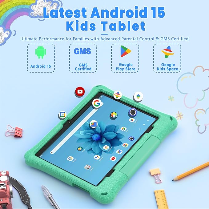 Kids Tablet: 10 Inch Android 15 Tablet for Kids, 64GB Octa-Core 6000mAh Battery, WiFi 6, Pre-Installed Kids Apps, Parental Control with EVA Protective Case - Ideal Gift for Toddler, Green
