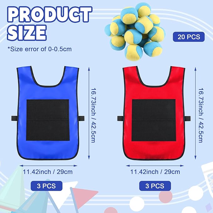 Dodgeball Target Set 20 Soft Fleece Tag Balls with 6 Sticky Vests, 6 Player Activity for Adult Indoor and Outside Play and Sports Activities