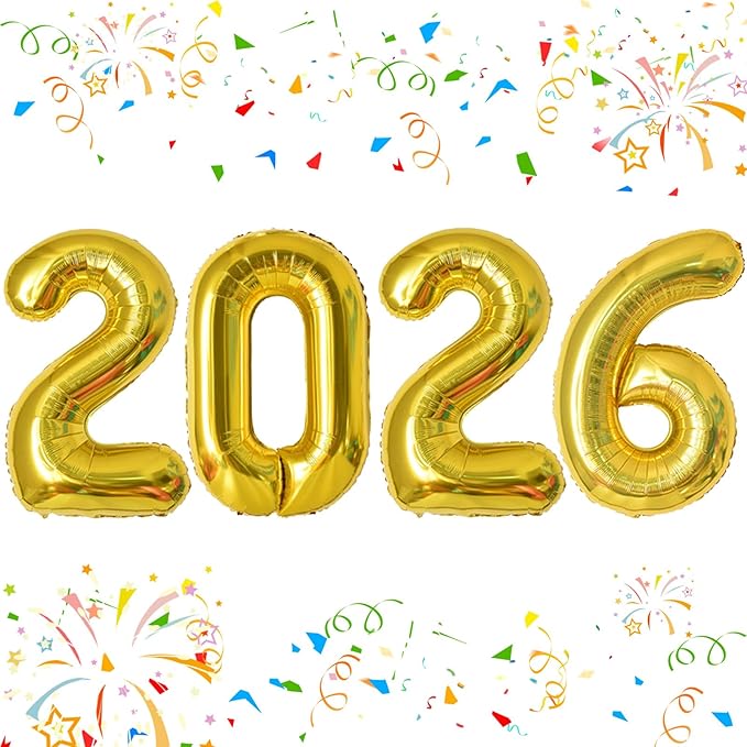 KALOR 42 Inch 2026 Gold Foil Mylar Number Balloons, 2026 New Years Decorations for 2026 Happy New Year Eve and Graduations Party Supplies