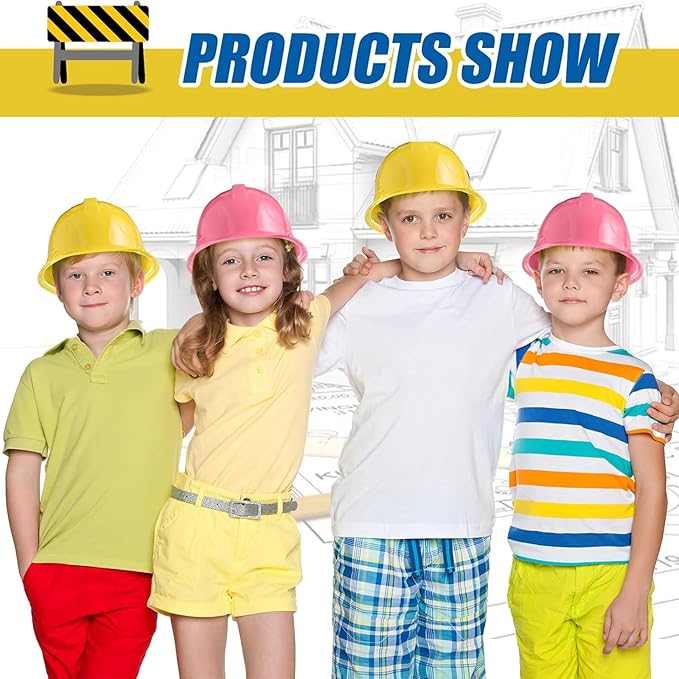 Sumind 48 Packs Construction Party Hats Kids Plastic Worker Helmet Bulk Toy for 3-8 Years Children Dress up Party Supplies (Pink, Yellow)