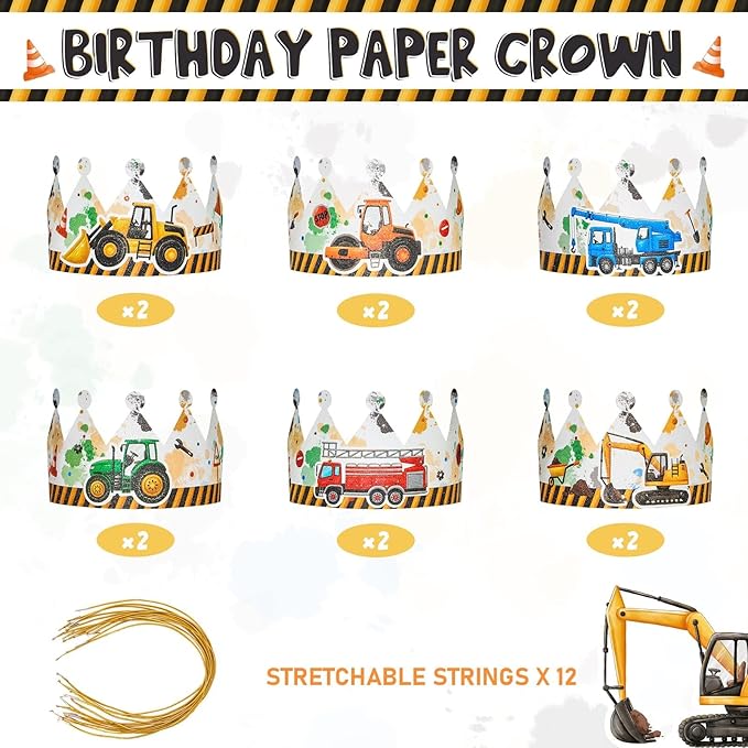 WERNNSAI Construction Party Hats - 12PCS Construction Birthday Party Supplies Crowns with Elastic Band Colorful Paper Party Hats for Truck Theme Family Birthday Party Favor