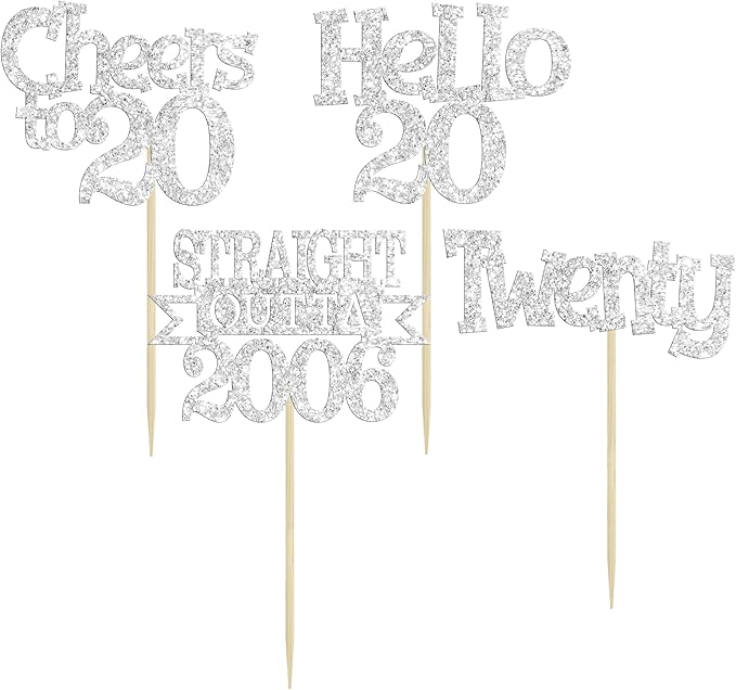 Ephlyn 24Pcs Happy 20th Birthday Cupcake Toppers Glitter Straight Outta 2006 Cupcake Picks Hello 20 Cheers to 20 Years Cake Decorations for 20th Birthday Anniversary Party Decorations Supplies Silver