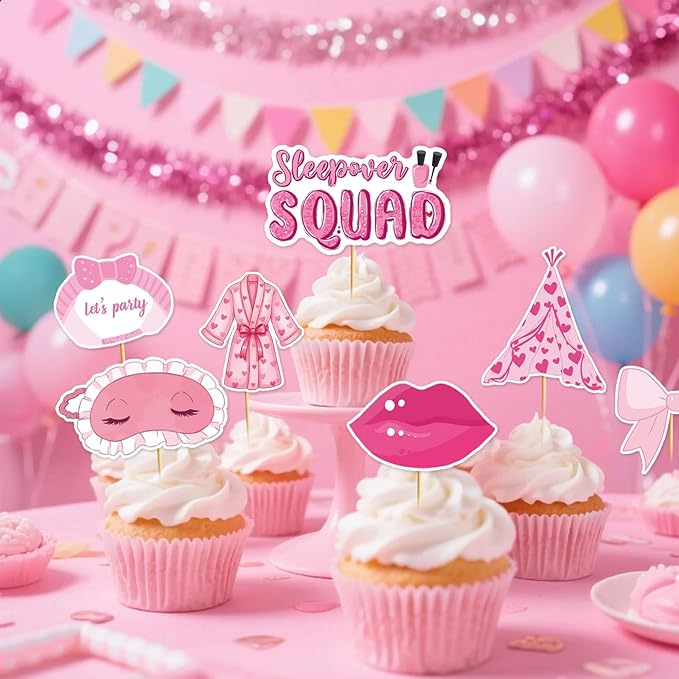 36 Pcs Sleepover Cupcake Toppers Slumber Party Cake Decorations Hot Pink Pajama Slumber Party Decorations Cupcake Toppers for Girls Ladies Night