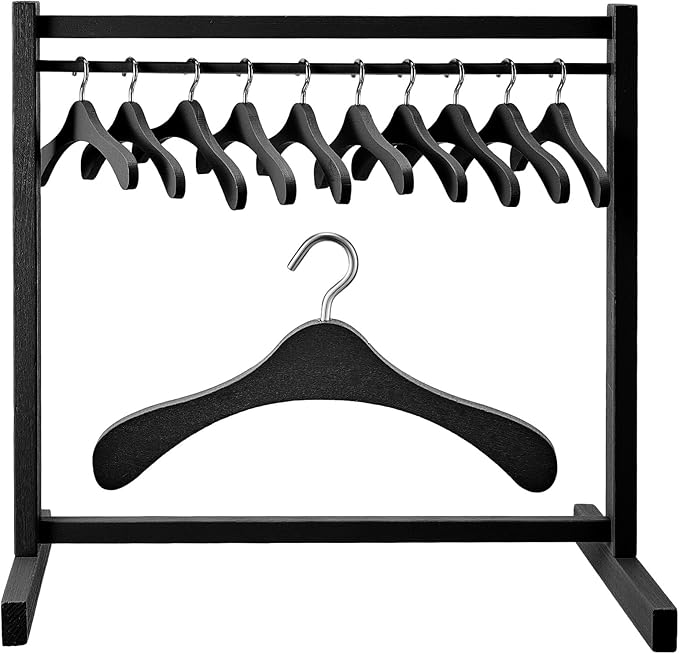 Civaner 11 Pcs Doll Garment Rack with Wooden Clothes Hanger for 18 Inch Girl Doll Clothes Mini Hangers Wardrobe Furniture Accessories for Dollhouse Baby Shower Supplies (Black)