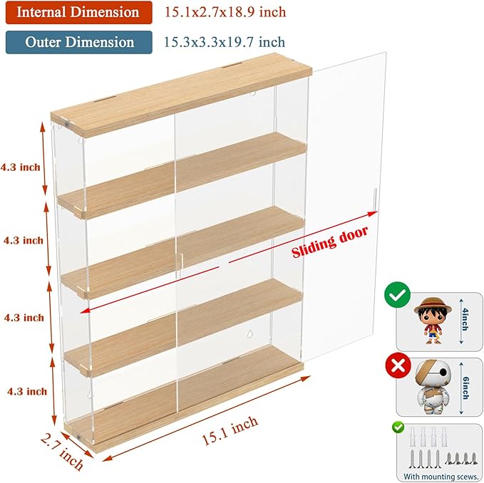 DuvinDD Acrylic Display Case Clear Figure Display Case Lego Display Shelves with Sliding Door, Wall Mounted Dustproof Trinket Shelf for Miniature Hot Wheels for Home Bedroom Decor(15.3x3.3x19.7 inch)