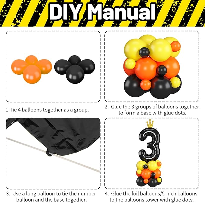 Black Number 3 Balloon 40 Inch Construction Number Three Foil Balloons Tower with Excavator Digger Truck for Boys Third 3rd Birthday Party Decorations Giant Large Digital Aluminum Balloons Stack