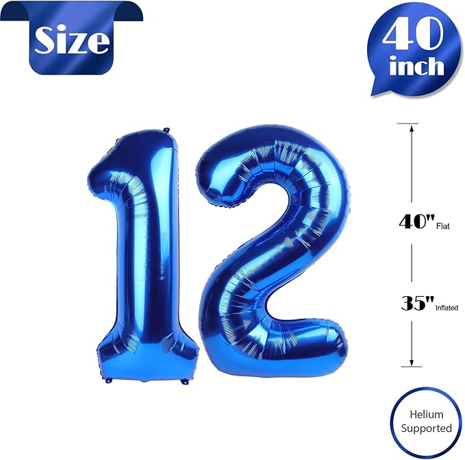 Navy Blue Number 12 Balloon 40 inch, 12 Number Balloons, 12th Navy Blue Birthday Decorations, 12 Year Old Girls Boys Blue Party Supplies