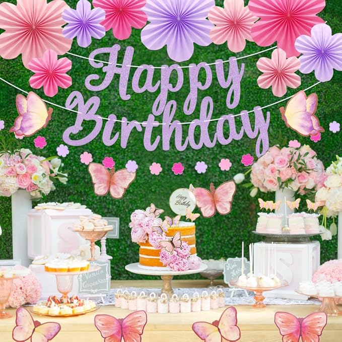 Butterfly Birthday Decorations Party Supplies with Pre-strung Happy Birthday Banner,Flower Garland,Cake Cupcake Toppers,Hanging Swirls, Paper Fan Spring-themed Decor Pack for Women Girls