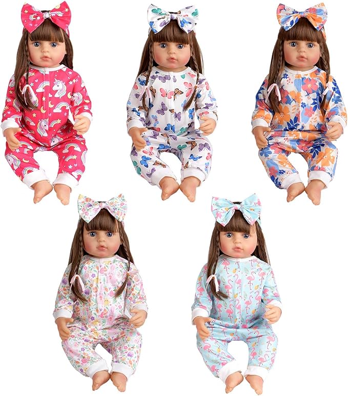 Reborn Baby Doll Clothes Accessories, 5 Set of Doll Clothing, Jumpsuit Bow Headband Outfits for 20 Inch to 22 Inch Dolls, 10 PCs in Total Doll Outfits and Accessories