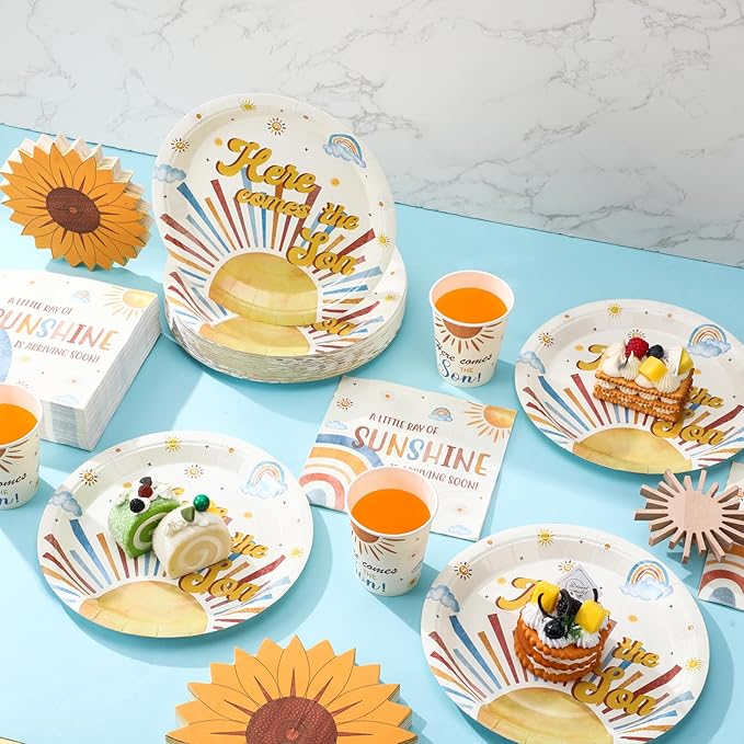 Hushee 200 Pcs Here Comes The Son Baby Shower Paper Plates Napkins Cups Baby Shower Party Supplies Boho Theme Sun Tableware Set Disposable Cup Napkin for 50 Guest Party Decoration
