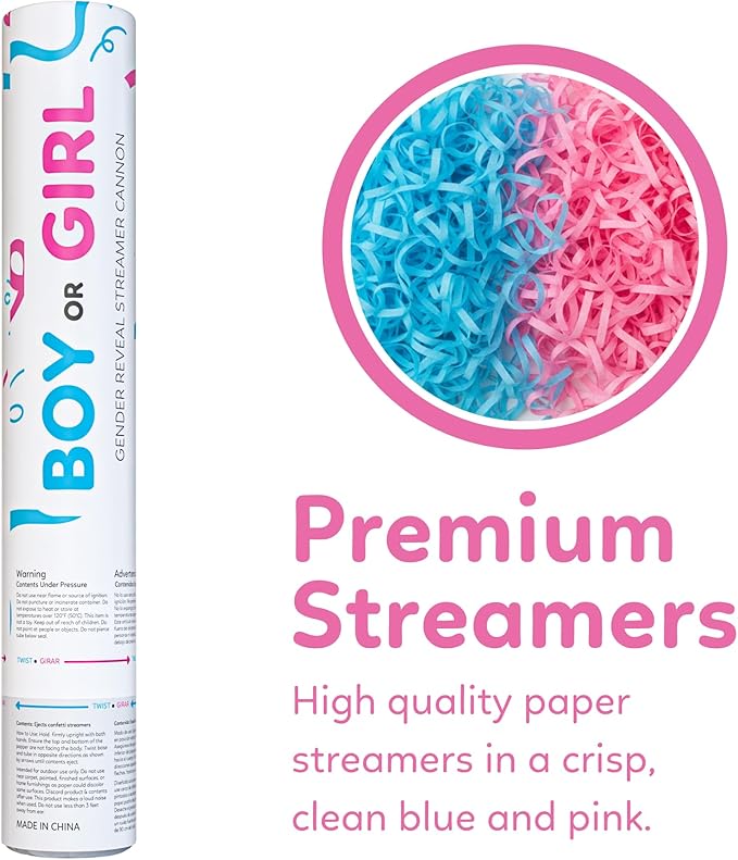 Gender Reveal Streamer Cannon | 6 Pack | 3 Blue and 3 Pink | Multicolor Streamers | Decoration for Gender Reveal Parties, Baby Showers | Launches 25 ft | 12 inch | TUR Party Supplies