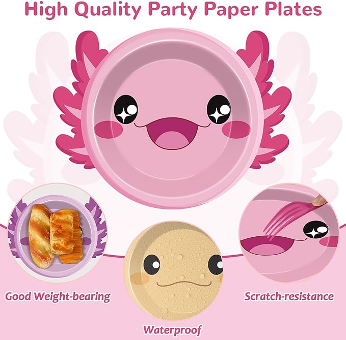 60Pcs Axolotl Shaped Birthday Party Decorations Reptile Animals 7 Inch Dessert Plates Tableware Cartoon Axolotl Dinner Paper Plates Dinnerware for Kids Boys Girls Party Baby Shower Supplies Favors