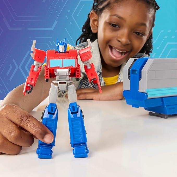 Transformers EarthSpark Optimus Prime Battle Trailer Playset with Action Figure, Lights and Sounds, Electronic Truck Toys for Kids 6 and Up