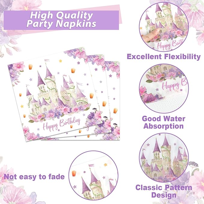 96Pcs Princess Birthday Party Supplies Purple Tower Castle Party Plates and Napkins Disposable Purple Princess Themed Tableware Set Fairytale Party Tableware for Girls Women Wedding Serves 24 Guests