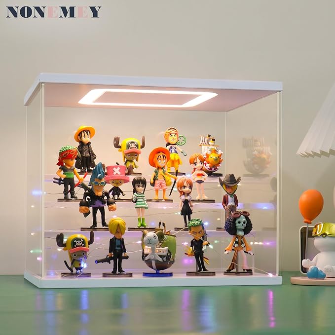NONEMEY Clear Acrylic Display Case Stand with LED Light 2/3/4/5/6 Tier Storage Box Showcase Dustproof Organizer Box for Collectibles (White 6 Tiers 19.6 * 12.5 * 16.5inch)