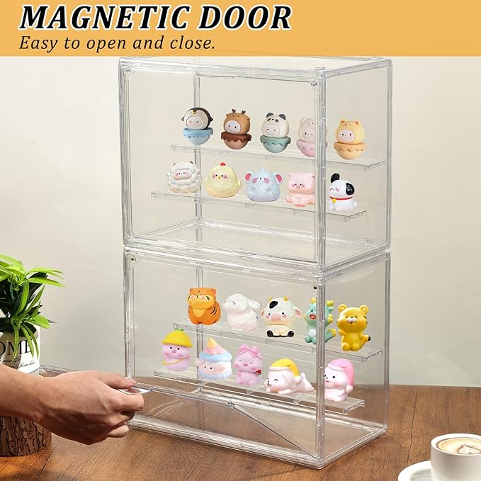 2 Pack 3 Layer Adjustable Figure Display Case, Acrylic Display Case for Collectibles,Clear Acrylic Display Case Stackable Display Box Showcase with Magnetic Door for Action Figures, Funko