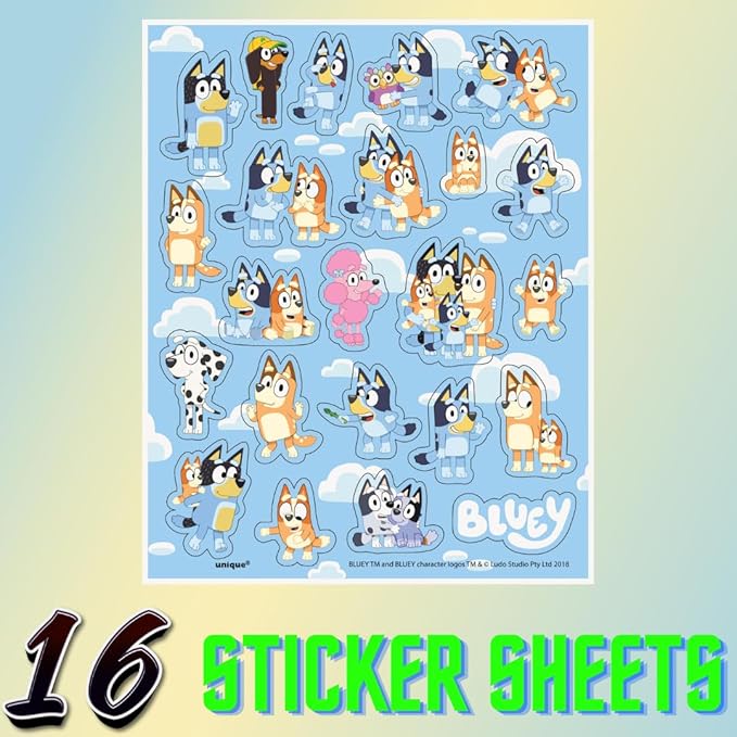 Unique Bluey Birthday Party Supplies Pack, 16 Bluey Sticker Sheets and 16 Bluey Loot Bags, Party Favors Set for Kids Age 3+ Favor Bags for kids to take home