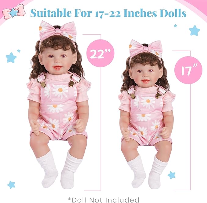 BABESIDE 4 Pcs Reborn Baby Doll Clothes for 17-22 Inch Babydolls, Cute Pink Flower Dolls Overalls Lifelike Reborn Baby Doll Accessories with Headband and Socks for Realistic Dolls Girl
