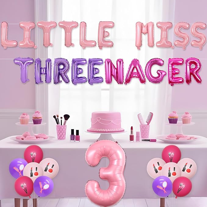Little Miss Threenager Birthday Decorations Little Miss Threenager Balloon Banner Spa Theme Number 3 Balloons Makeup 3rd Party Supplies for Girls 3rd Birthday for Beauty Salon Bday