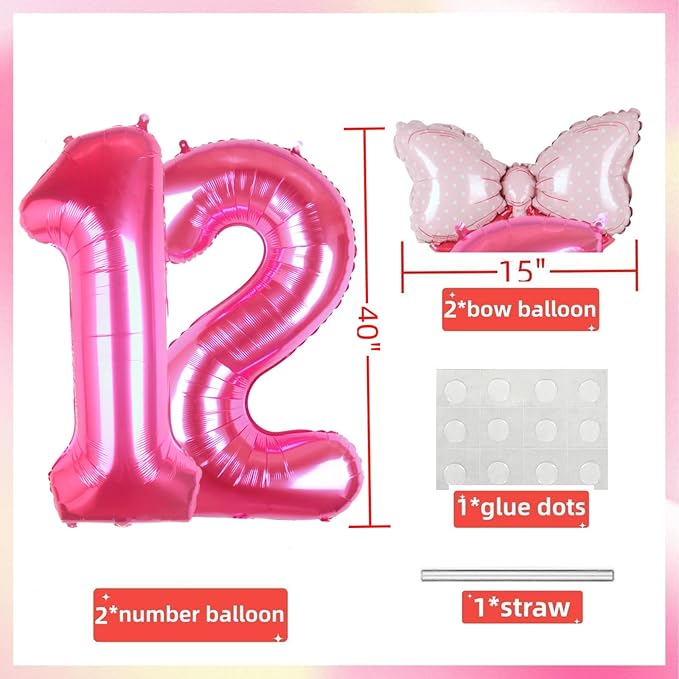 40 Inch Pink Number 12 Balloon with Mini Bow Balloons for Girls 12th Birthday Party Decoration, Pink Princess Western Cowgirl Theme Sweet Twelve Birthday Party Balloons Decorations Supplies Decor
